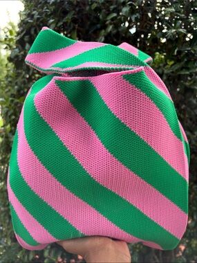 Striped Pink & Green Knit Tote Bag